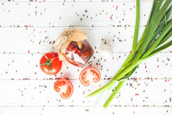 Pomodoro Essiccato Sole Vista Dall Alto Piatto Colpo Lay Vaso — Foto Stock