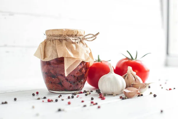 Pomodori Nel Barattolo Pomodori Secchi Fatti Casa Chiusura Temporanea Conserve — Foto Stock