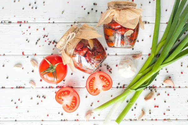 Tomate Séchée Soleil Vue Dessus Plan Plat Pot Avec Conservation — Photo