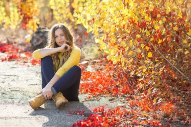Sonbahar arka plan genç çekici sarışın kadın açık havada. Güzel şık kadının sonbahar portresi.