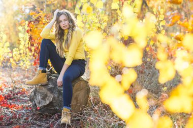 Sonbahar arka plan genç çekici sarışın kadın açık havada. Güzel şık kadının sonbahar portresi.