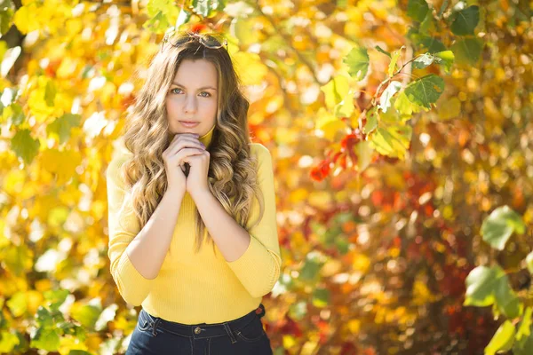 Młoda Atrakcyjna Blond Kobieta Zewnątrz Tle Upadku Jesienny Portret Pięknej — Zdjęcie stockowe