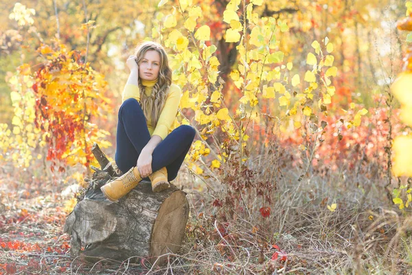 Jonge Aantrekkelijke Blonde Vrouw Buitenshuis Herfst Achtergrond Herfst Portret Van — Stockfoto