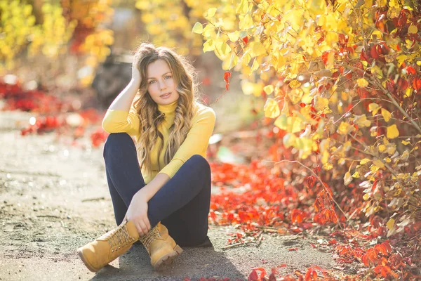 Jonge Aantrekkelijke Blonde Vrouw Buitenshuis Herfst Achtergrond Herfst Portret Van — Stockfoto