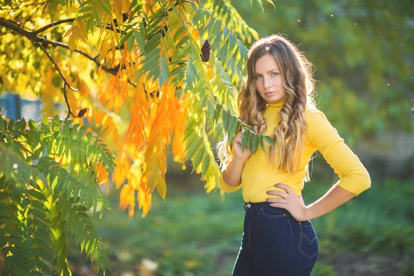 Sonbahar Arka Plan Genç Çekici Sarışın Kadın Açık Havada Güzel — Stok fotoğraf