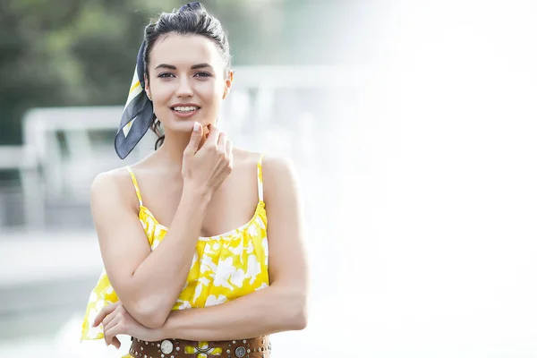 Attractive Young Woman Wearing Kerchief Stylish Female Accessories Woman Beauty — Stock Photo, Image