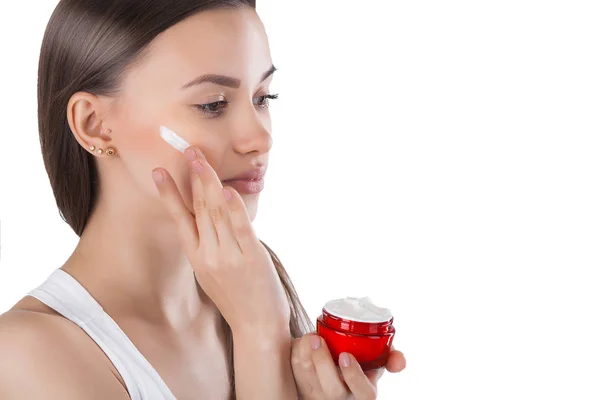 Closeup Portrait Young Attractive Woman Applying Face Cream Female Holding — Stock Photo, Image