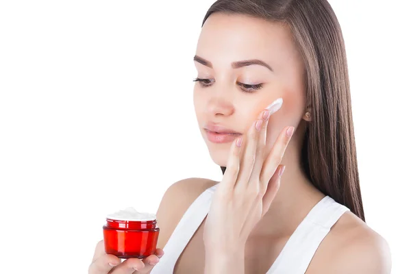 Closeup Portrait Young Attractive Woman Applying Face Cream Female Holding — Stock Photo, Image