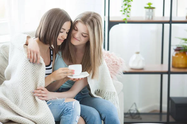 Woman sharing a problem with her friend. Girl`s conversation. Two women talking on the couch.