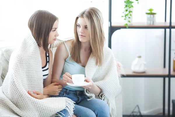 Woman sharing a problem with her friend. Girl`s conversation. Two women talking on the couch.