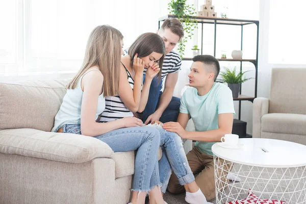 Friends Trying Calm Best Friend Woman Depressed Young People Helping — Stock Photo, Image