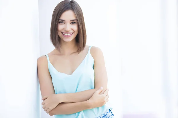 Attractive Young Woman Neutral White Background Pretty Lady Walking City — Stock Photo, Image