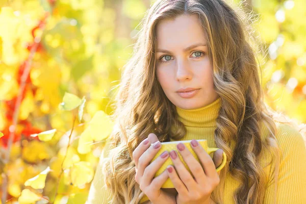 Primer Plano Retrato Joven Hermosa Mujer Fondo Otoño Elegante Mujer — Foto de Stock