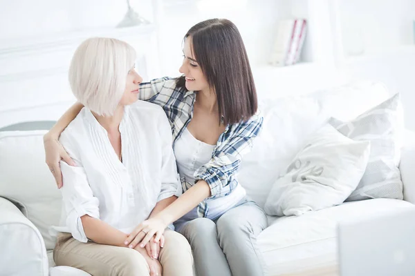 Mature Mother Her Adult Daughter Together Women Indoors Portrait Middle — Stock Photo, Image