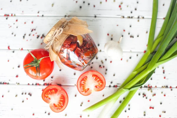 Pomodoro Essiccato Sole Vista Dall Alto Piatto Colpo Lay Vaso — Foto Stock