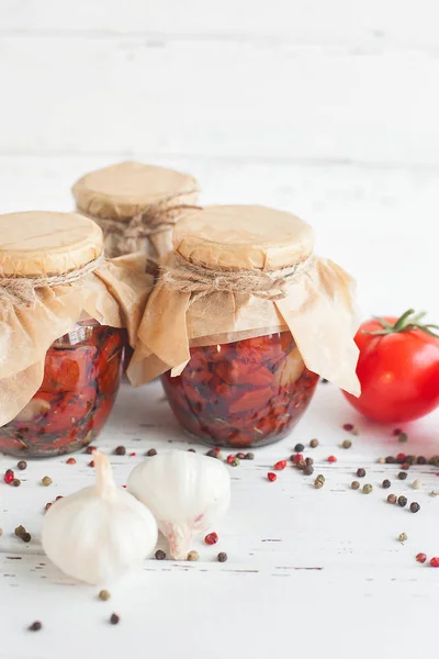 Pomodori Nel Barattolo Pomodori Secchi Fatti Casa Chiusura Temporanea Conserve — Foto Stock