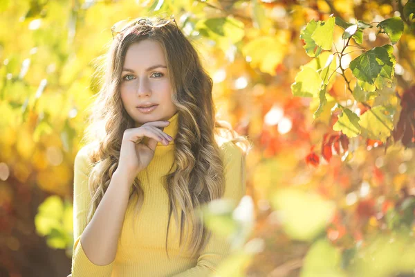 Closeup Portrait Young Beautiful Woman Autumn Background Stylish Attractive Female — Stock Photo, Image