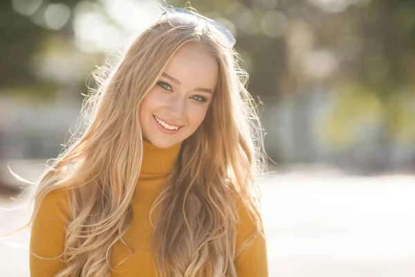 stock image Closeup portrait of young beautiful woman. Female outdoors.