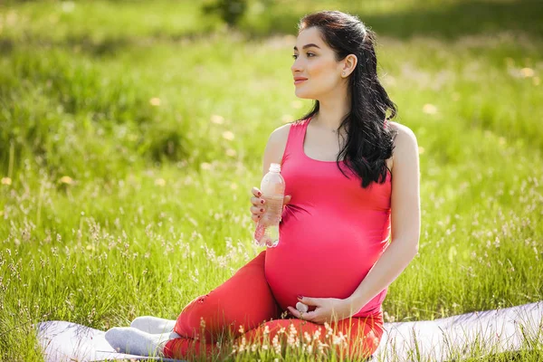 Jonge Zwangere Vrouw Doet Fitnessoefeningen Buitenshuis Drink Schoon Gebotteld Water — Stockfoto