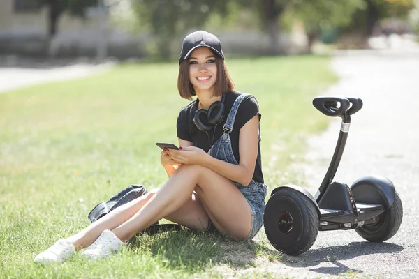 Young Attractive Woman Skating Segway Pretty Female Riding Gyroboard — Stock Photo, Image