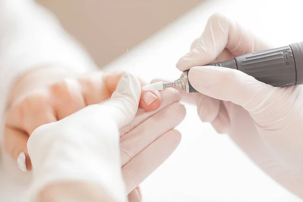 Manicurist Making Manicure Salon Master Servising Her Client Nails Care — Stock Photo, Image