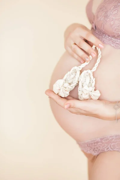 Close Foto Van Pegnant Vrouw Onherkenbaar Aanstaande Buik Close — Stockfoto