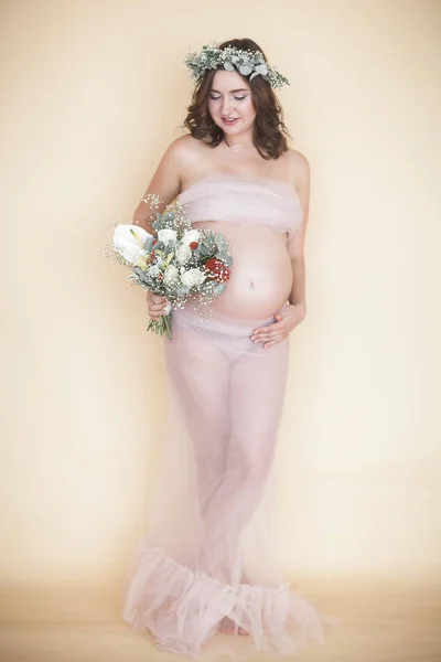 Beautiful Pregnant Woman Neutral Background Expectant Closeup Picture Future Mother Stock Photo