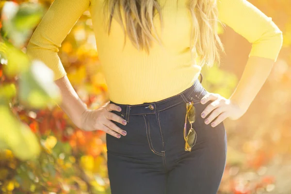 Belle Jeune Femme Dans Parc Automne Jaune — Photo