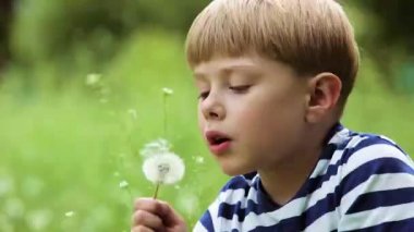 Çizgili tişörtlü çocuk gözlerini karahindiba ile kapatıyor.