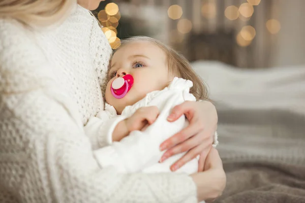 Attractive Young Mother Her Little Baby Daughter Christmas Background — Stock Photo, Image