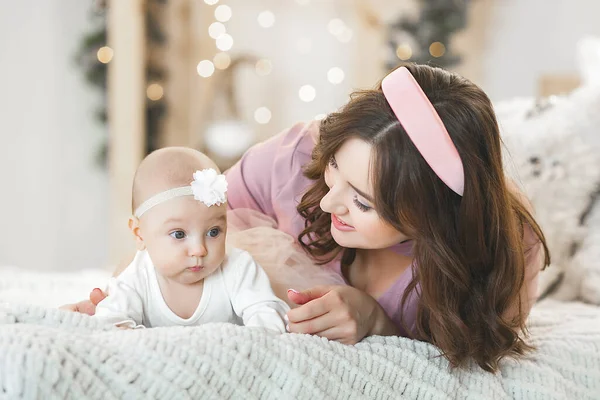 Attractive Young Mother Her Little Baby Girl Christmas Background — Stock Photo, Image