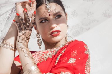 Tarafsız arka planda güzel bir Hintli kadın. Mehendi desenli sarili bayan.