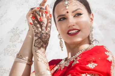 Tarafsız arka planda güzel bir Hintli kadın. Mehendi desenli sarili bayan.