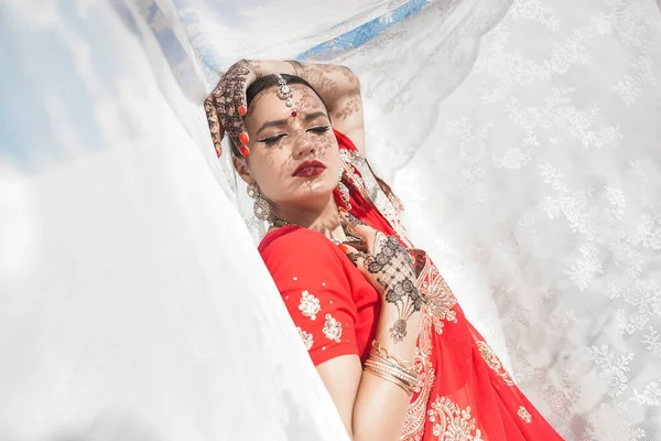 Mulher Indiana Bonita Fundo Neutro Senhora Sari Com Padrão Mehendi — Fotografia de Stock