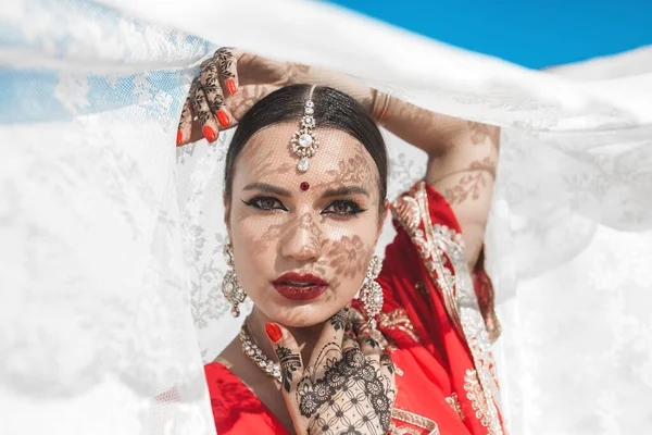 Hermosa Mujer India Fondo Neutral Dama Sari Con Patrón Mehendi —  Fotos de Stock