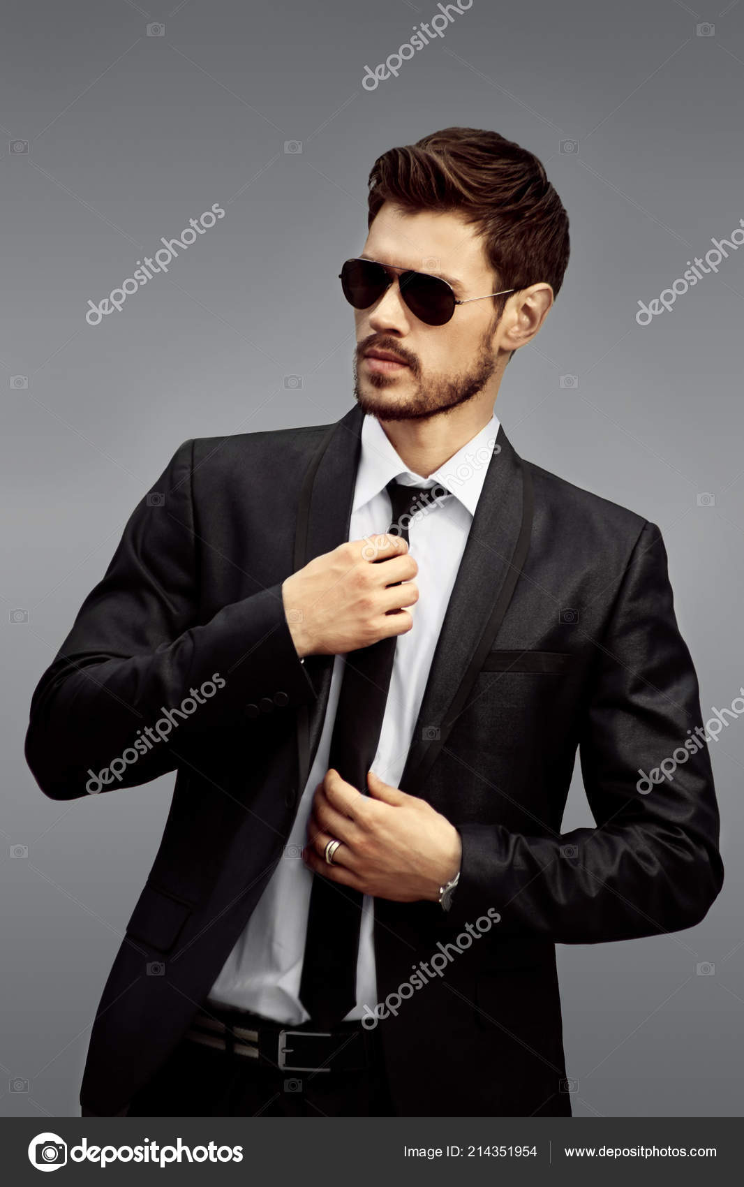 Stylish Man Sunglasses Black Suit Grey Background Stock Photo by