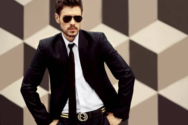 Stylish Man Sunglasses Black Suit Geometric Background — Stock Photo, Image