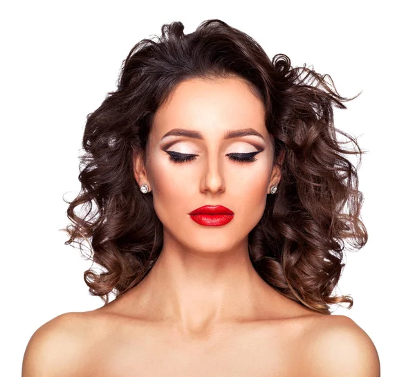 Nude Female Model Professional Makeup Hairstyle Posing White Background — Stock Photo, Image
