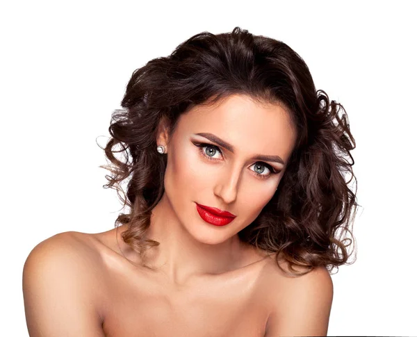 Modelo Femenino Desnudo Con Maquillaje Profesional Peinado Posando Sobre Fondo — Foto de Stock