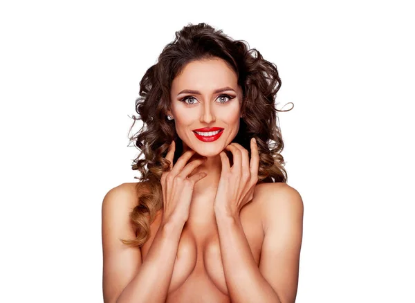 Modelo Femenino Desnudo Con Maquillaje Profesional Peinado Posando Sobre Fondo —  Fotos de Stock