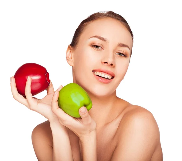 Portrait Young Woman Natural Makeup Posing Green Red Apples White — Stock Photo, Image