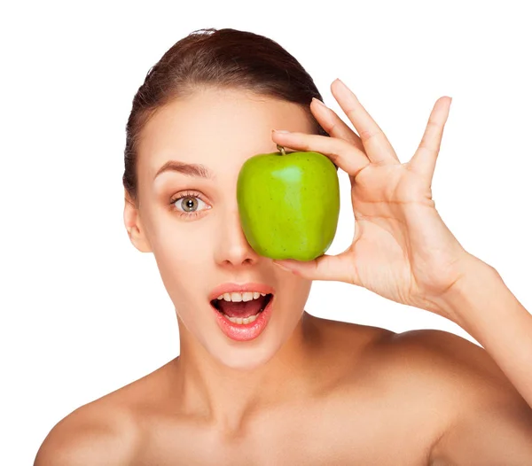 Πορτρέτο Της Νεαρής Γυναίκας Φυσικό Μακιγιάζ Ποζάρει Πράσινο Μήλο Λευκό — Φωτογραφία Αρχείου