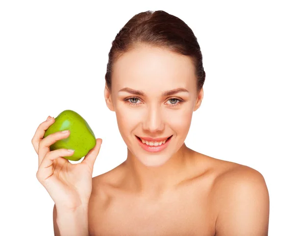 Πορτρέτο Της Νεαρής Γυναίκας Φυσικό Μακιγιάζ Ποζάρει Πράσινο Μήλο Λευκό — Φωτογραφία Αρχείου