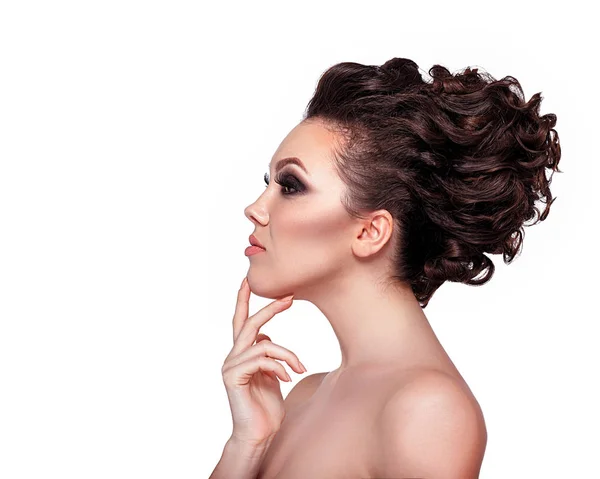 Young Woman Glamorous Makeup High Fashion Hairstyle White Background — Stock Photo, Image