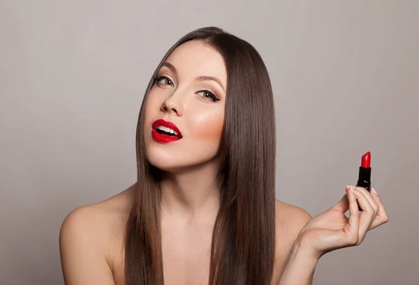 Portrait Young Woman Red Lips Posing Lipstick Gray Background — Stock Photo, Image