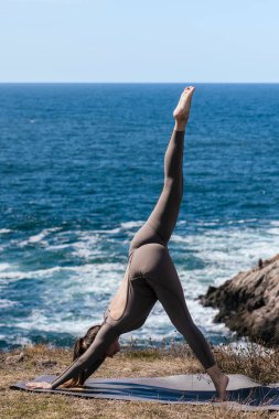 Dişi yogi, doğal güzellik ve sakin sularla çevrili, barış ve farkındalığı somutlaştıran, okyanus kıyısındaki bir minder üzerinde aşağı doğru köpek pozu veriyor.