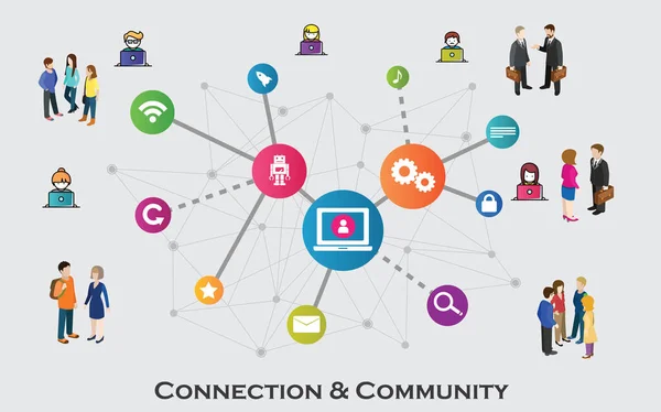 İllüstrasyon, teknoloji, takım çalışması ve sosyal etkileşim yoluyla iletişim kuran insanları gösteriyor, topluluk oluşturma, ağ oluşturma ve dijital işbirliği.