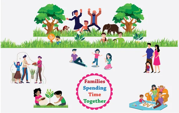 Aileler birlikte vakit geçiriyorlar. Ailelerin dışarıda oyun oynayarak, bahçeyle uğraşarak, dinlenerek ve kapalı alandaki aktivitelerle, sevgiyi, bağlılığı ve birlikteliği ön plana çıkararak kaliteli zaman geçirmelerinin gösterimi.