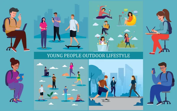 Genç İnsanlar Açık Hava Yaşam Tarzı. Gençlerin kaykay, yürüyüş, egzersiz ve doğal ve kentsel ortamlarda dijital içerik oluşturma da dahil olmak üzere farklı açık hava etkinliklerinin keyfini çıkardıkları bir resim.