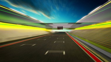 Görünüm Infinity hareket bulanıklığı boş asfalt uluslararası yarış pisti, sahne akşam  .